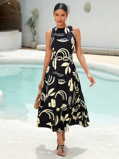 Satin Leaves Print Sleeveless Maxi Dress (No Belt)