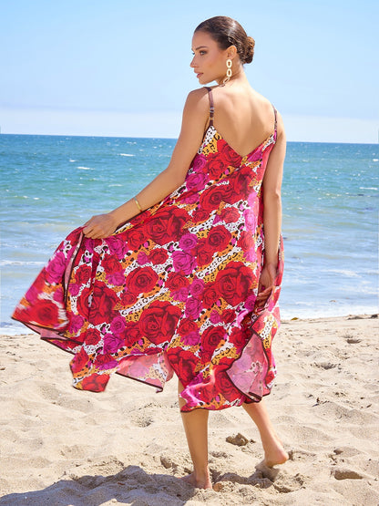 Vestido Midi de Tirantes Asimétricos con Cuello en V de Rayón