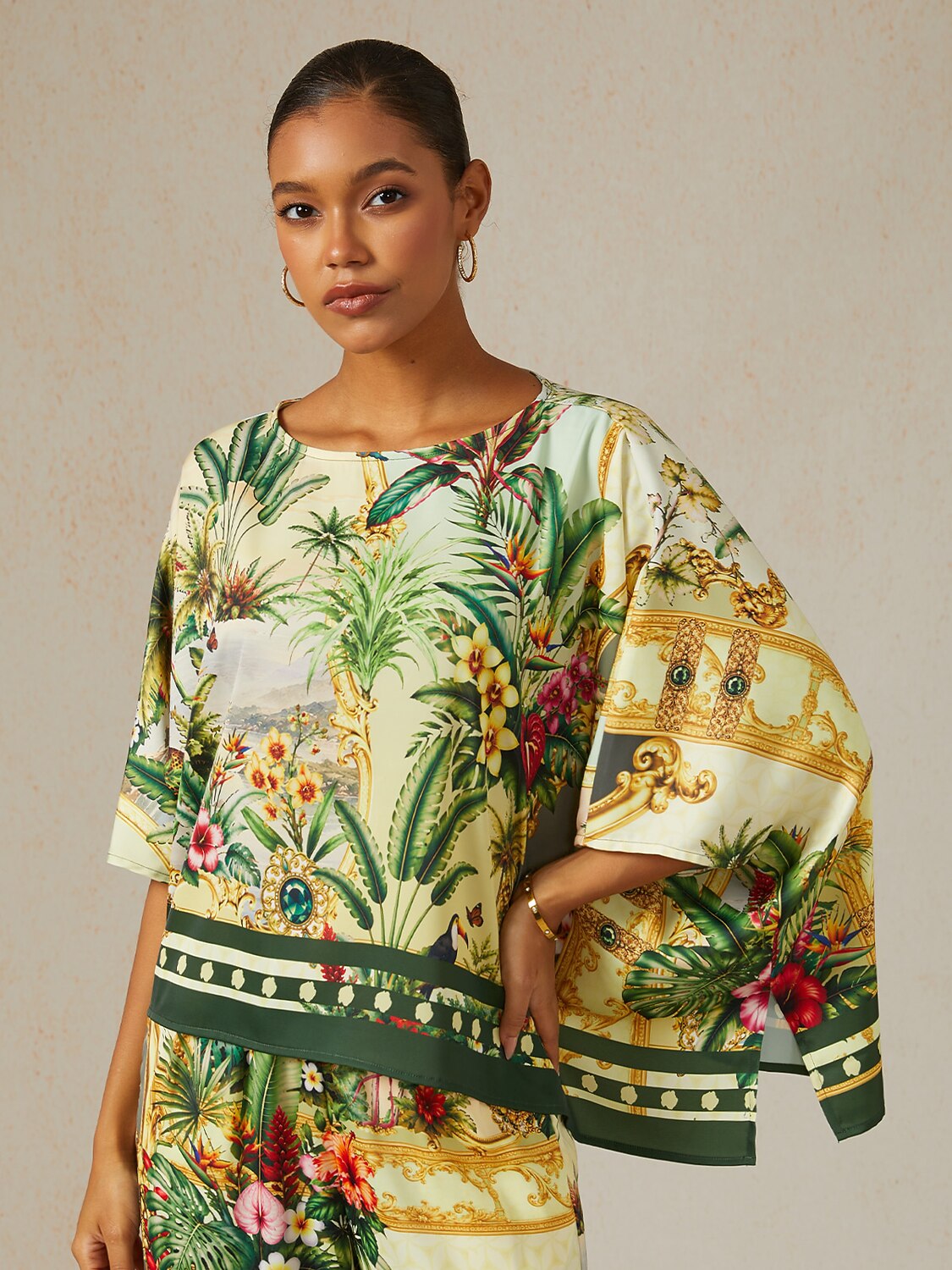 Verdant Garden Muse Silky Satin Dolman Sleeve Top