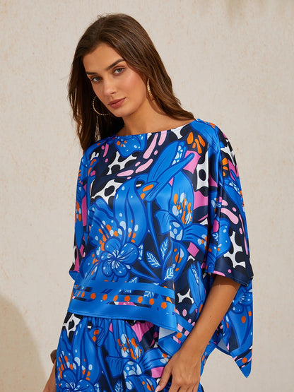 Abstract Azure  Satin Dolman Sleeve Top