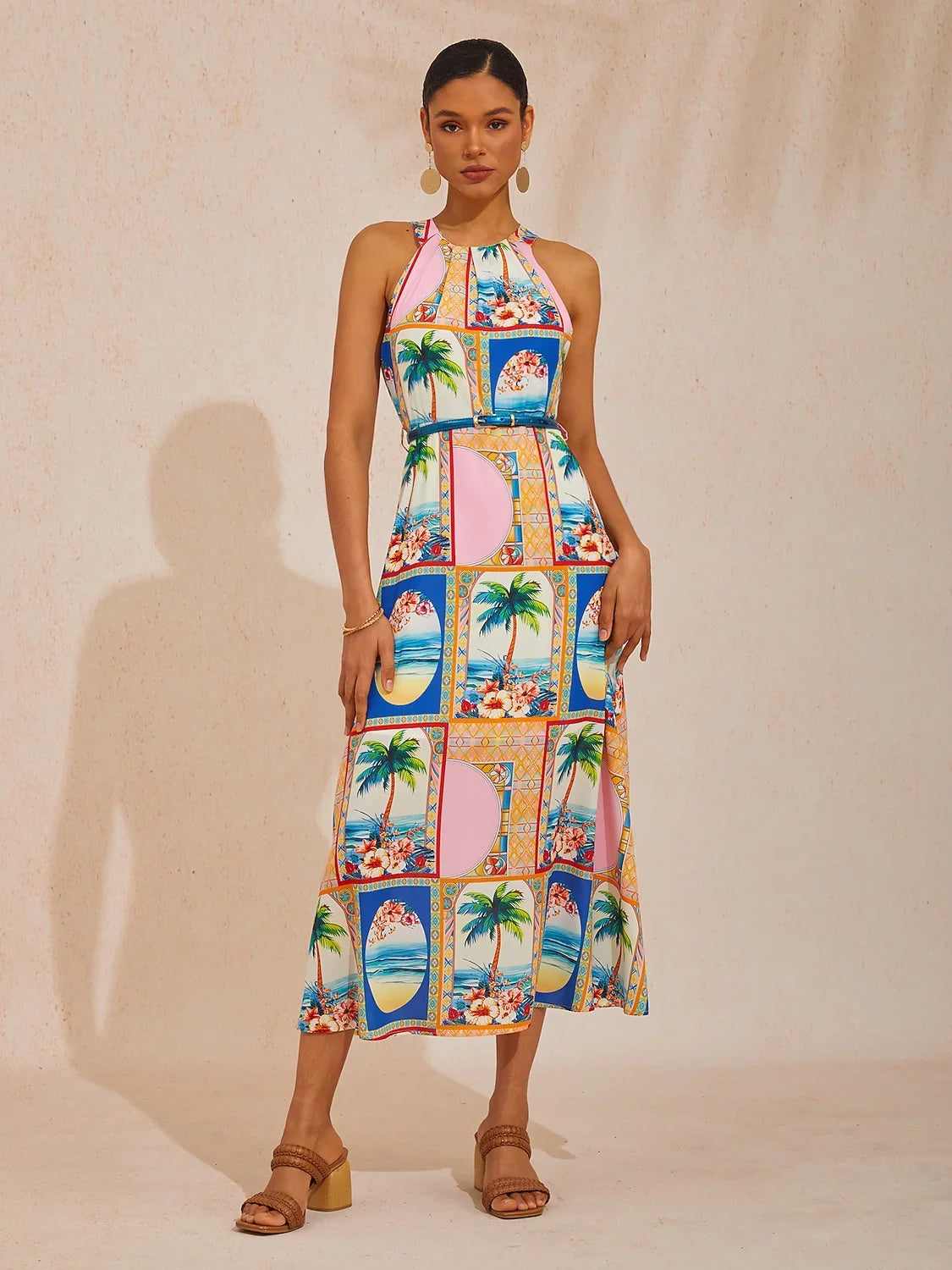Summer Escape Geometric Waist cinching Satin Maxi Dress