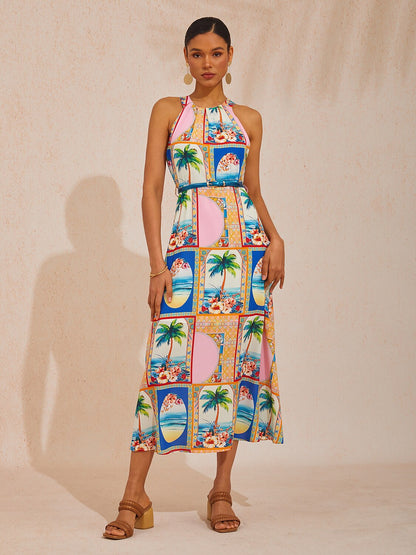 Summer Escape Geometric Waist-cinching Satin Maxi Dress