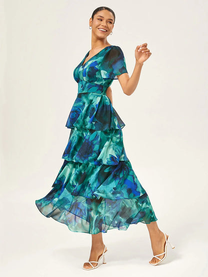 Abstract Floral Ruffle Chiffon Maxi Dress
