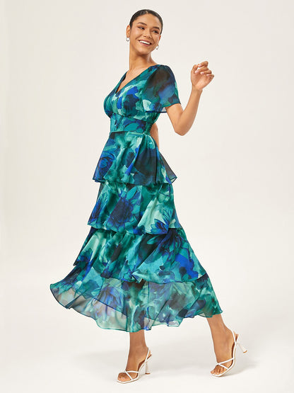 Floral Bloom Flowy Chiffon Tiered Maxi Dress