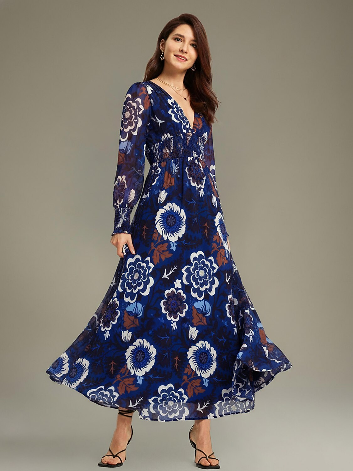 Chiffon Floral Composite Print Elegant Maxi Dress Banquet Vacation