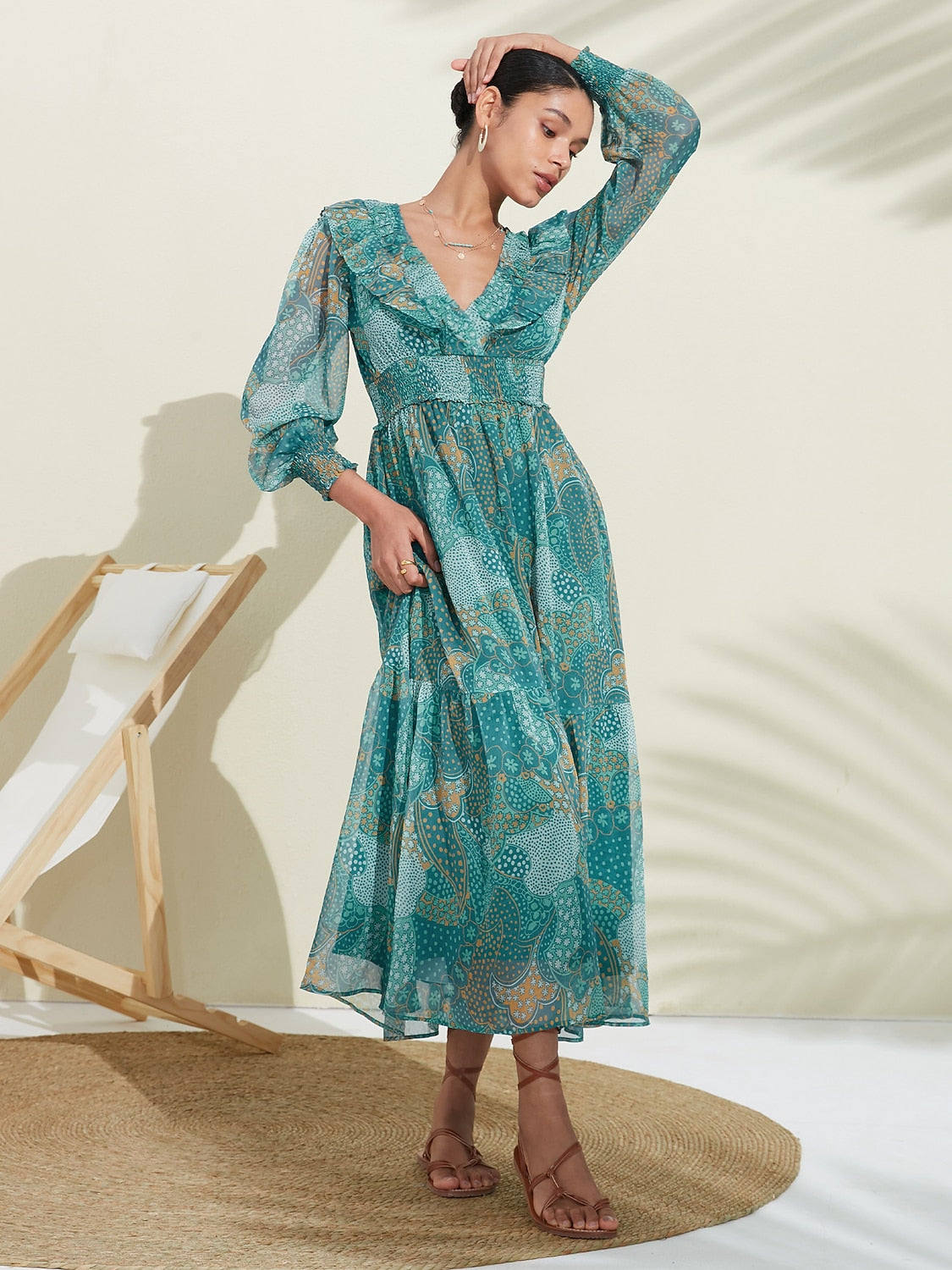 Floral Chiffon Tropical Flowers Puff  Sleeve Maxi Dress