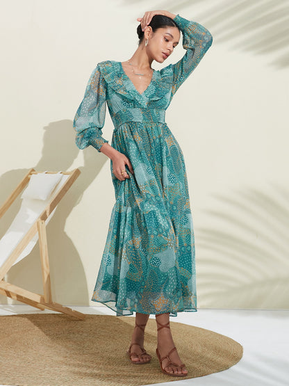 Floral Chiffon Tropical Flowers Puff  Sleeve Maxi Dress