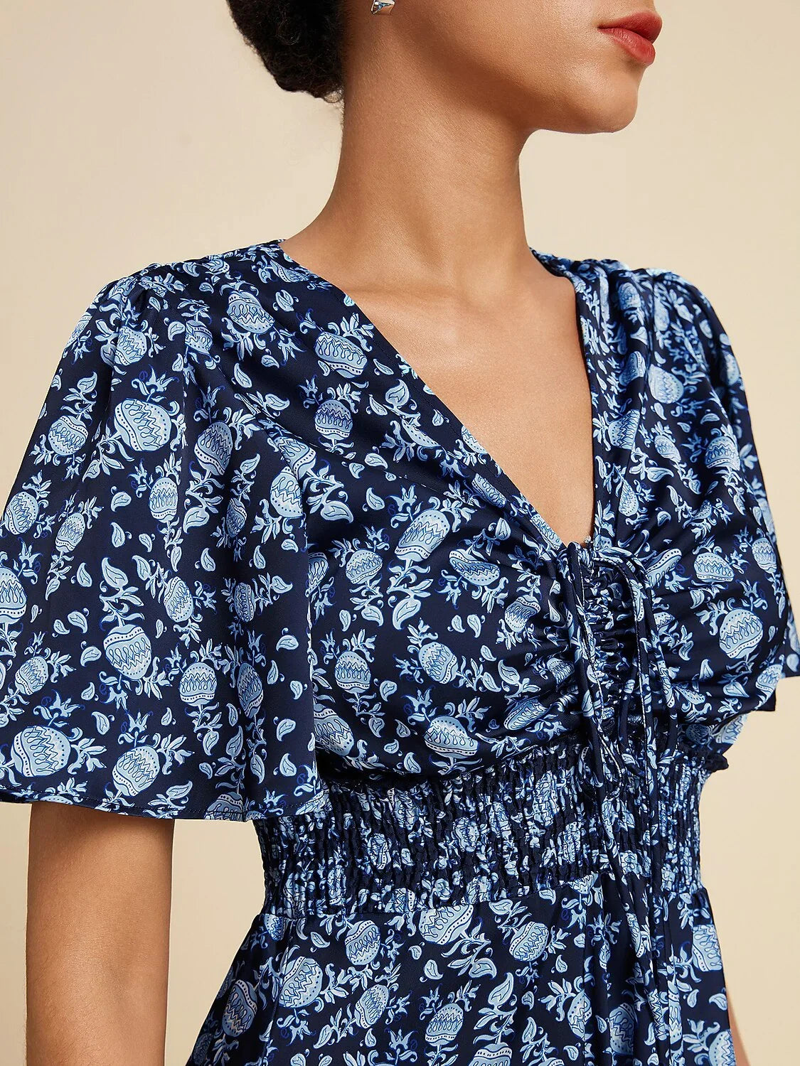 Satin Floral Print Smocked Waist Midi Dress