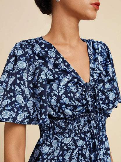 Satin Floral Print Smocked Waist Midi Dress