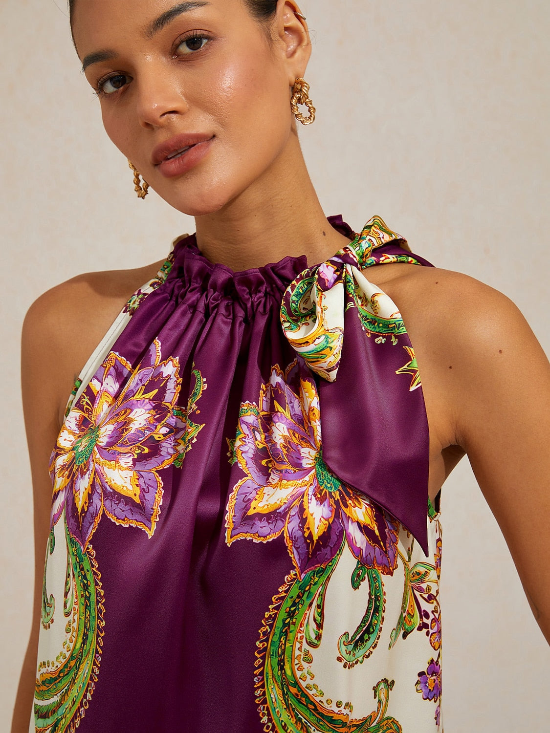 Burgundy Paisley Silky Satin Sleeveless Halter Top