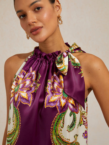 Burgundy Paisley Silky Satin Sleeveless Halter Top