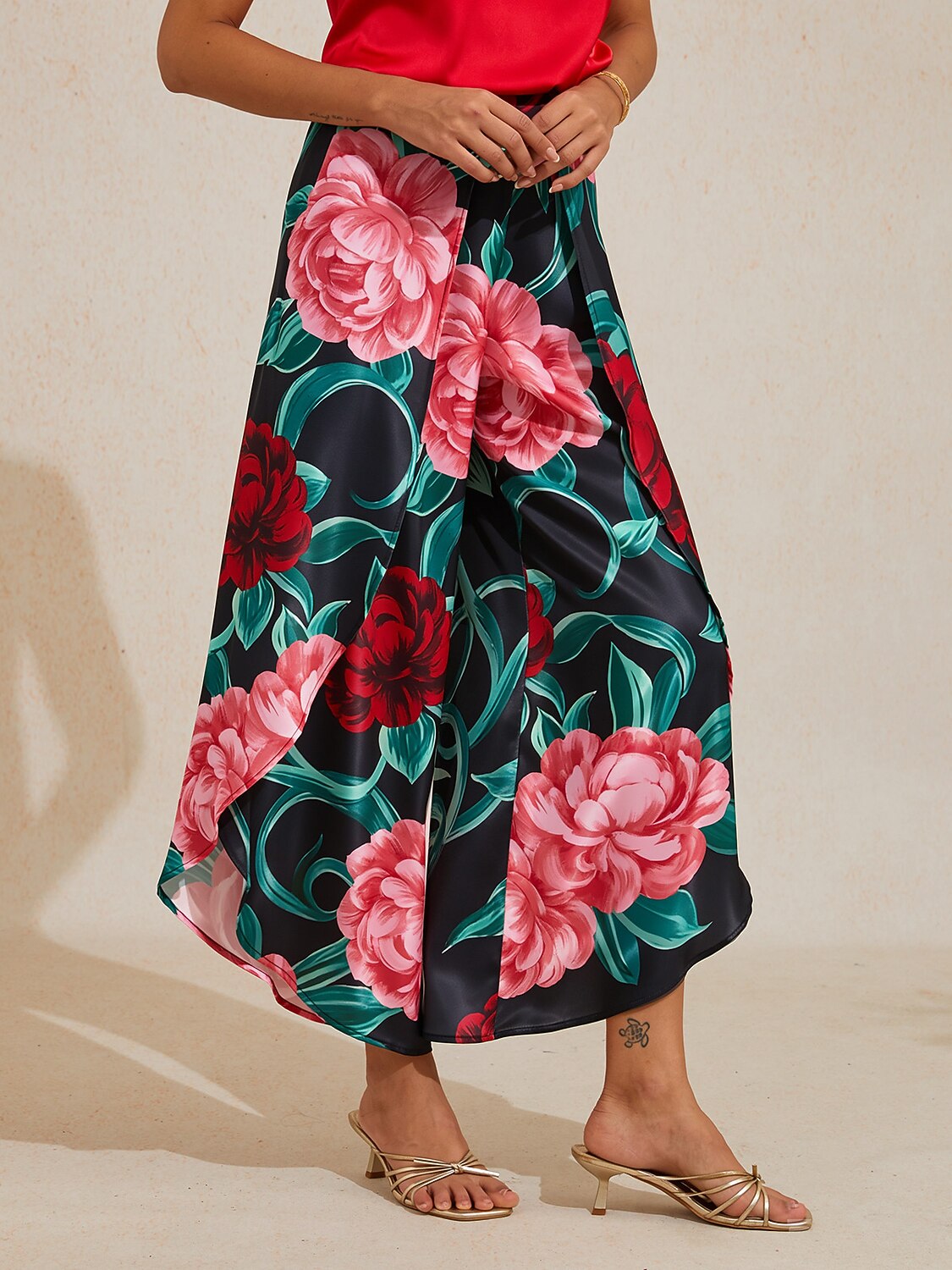 Emerald Rose Garden Silky Satin Slit Wide Leg Pants