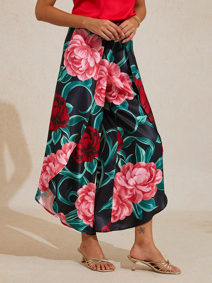 Emerald Rose Garden Silky Satin Slit Wide Leg Pants