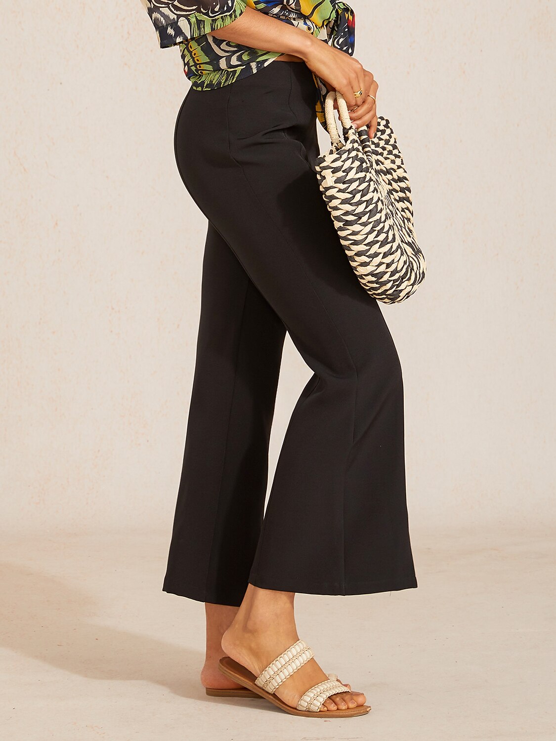 Slightly Stretch Fine Rib Cropped Flared Pants