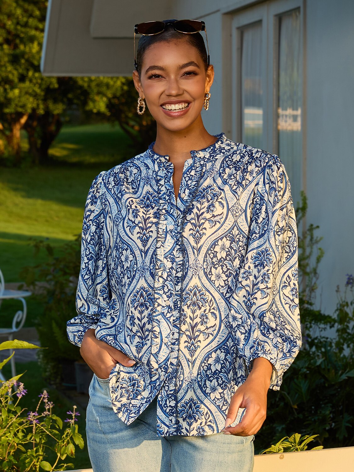 Azure Medallion Rayon Like Blouse