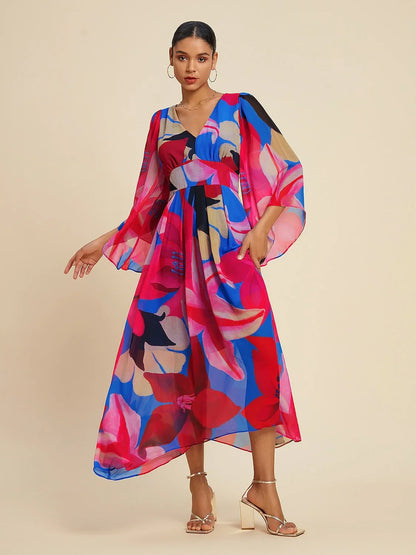 Robe maxi en chiffon à imprimé floral et manches évasées