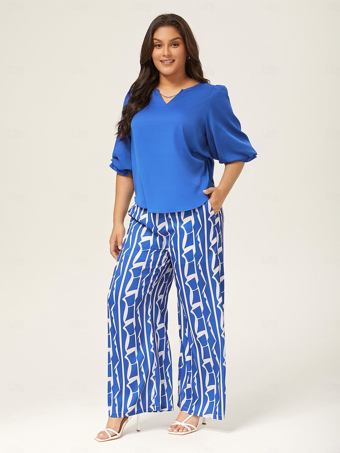 Ruched Waist Blue Printed Straight-Leg Pants
