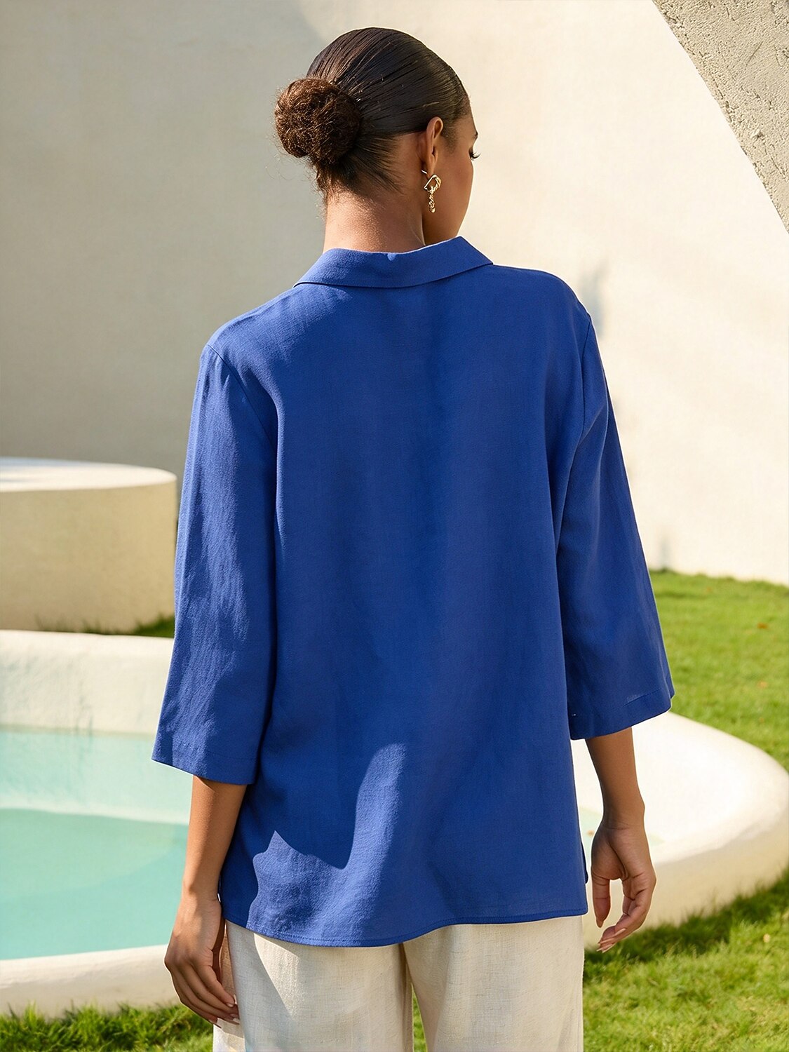 Linen Blend Asymmetric Collar Inverted Pleat Top