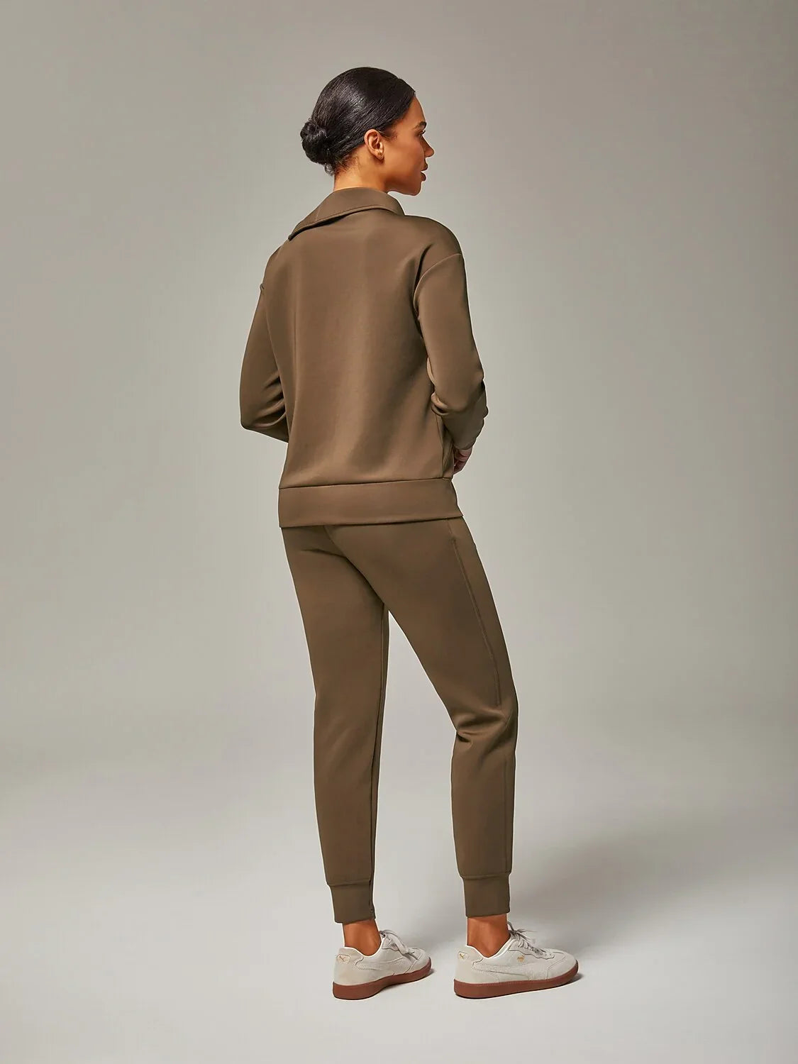 Brown Stretch Knit Zip Slit High Neck Top