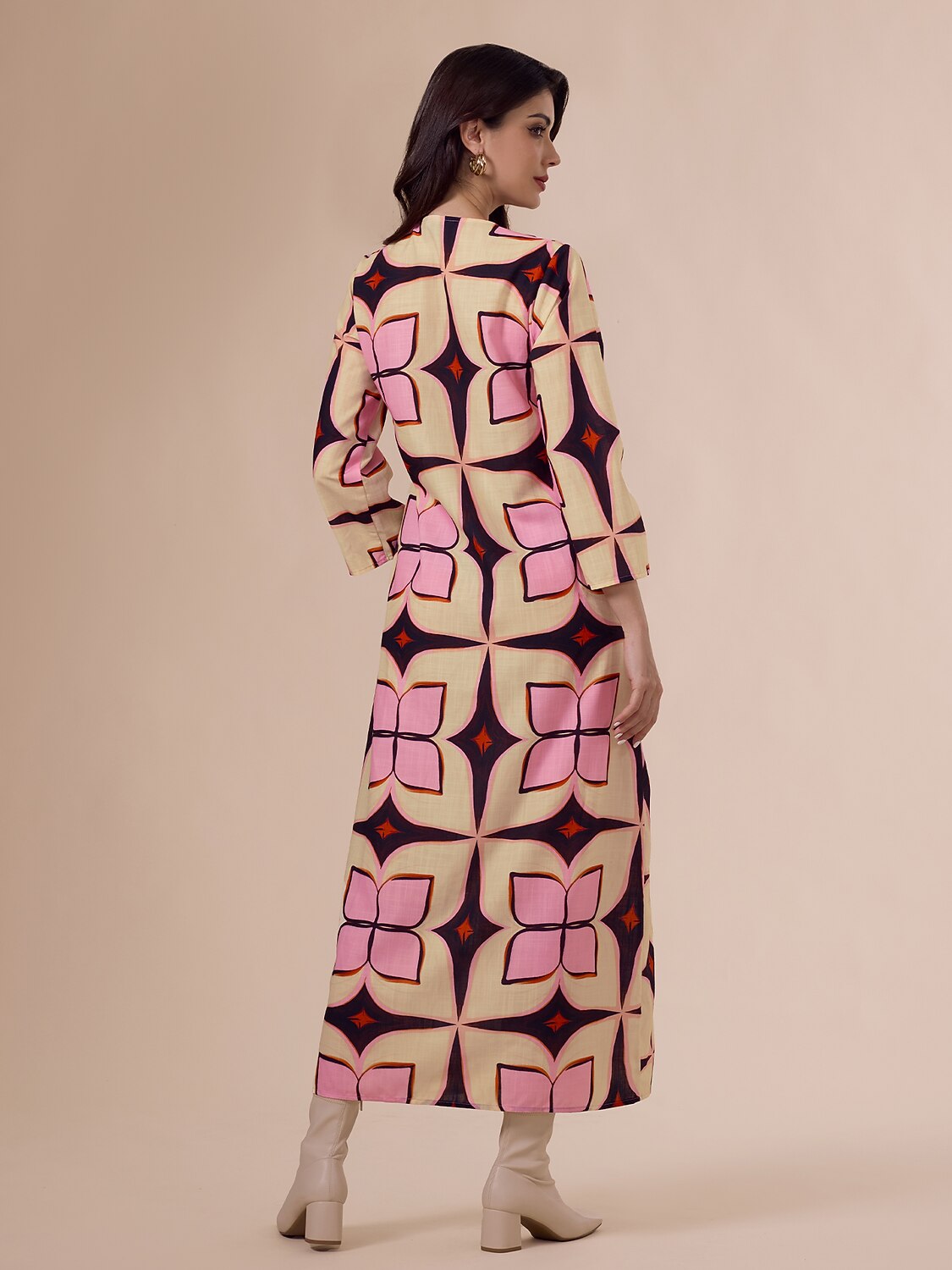 Geometric Print Notched Collar Maxi Dress