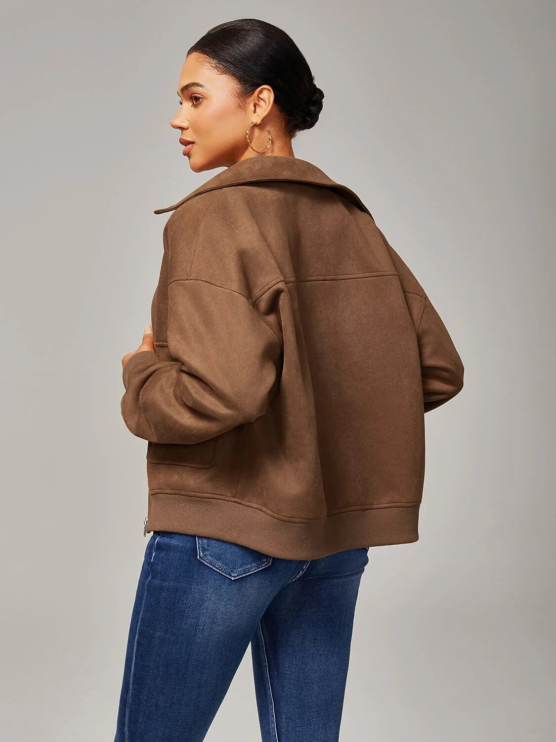 Brown Faux Suede Lapel Collar Zip Jacket