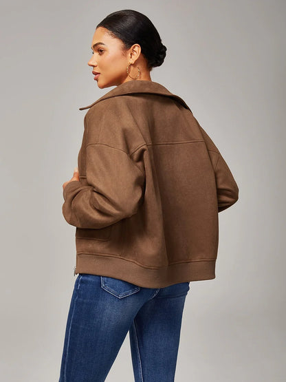 Brown Faux Suede Lapel Collar Zip Jacket
