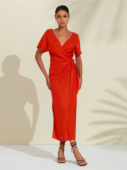 Tencel Linen Shirred Wrap Midi Dress
