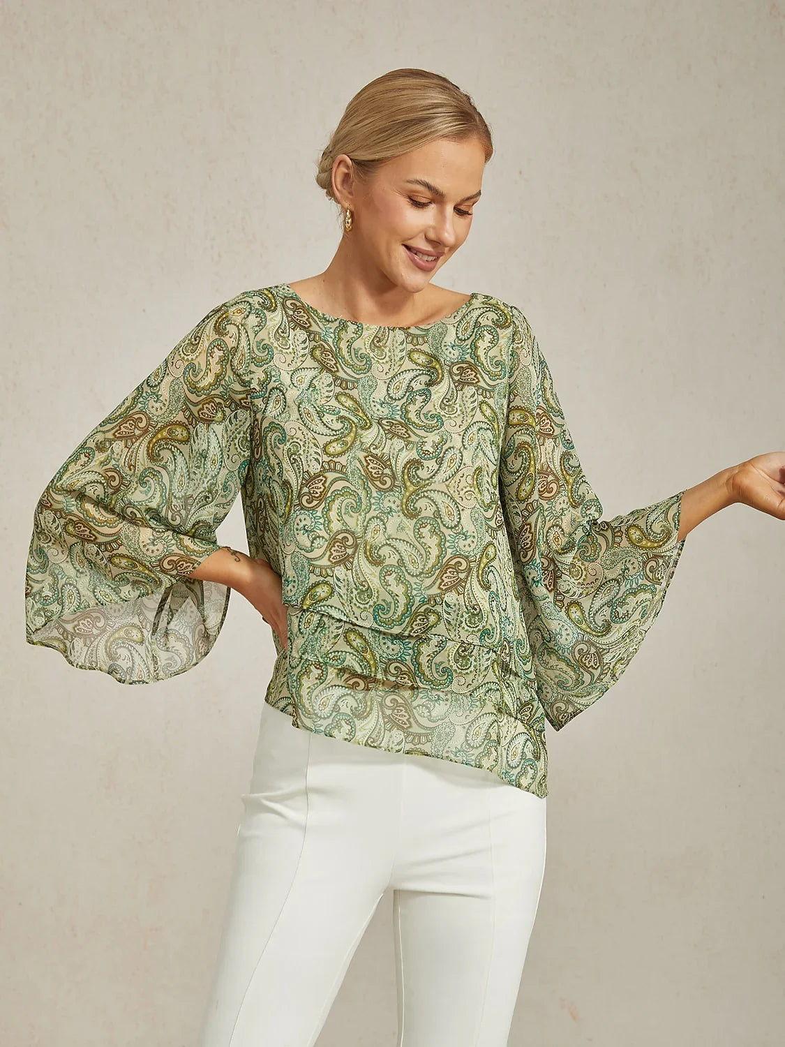 Chiffon Green Paisley Floral Loose Fit Round Boat Blouse