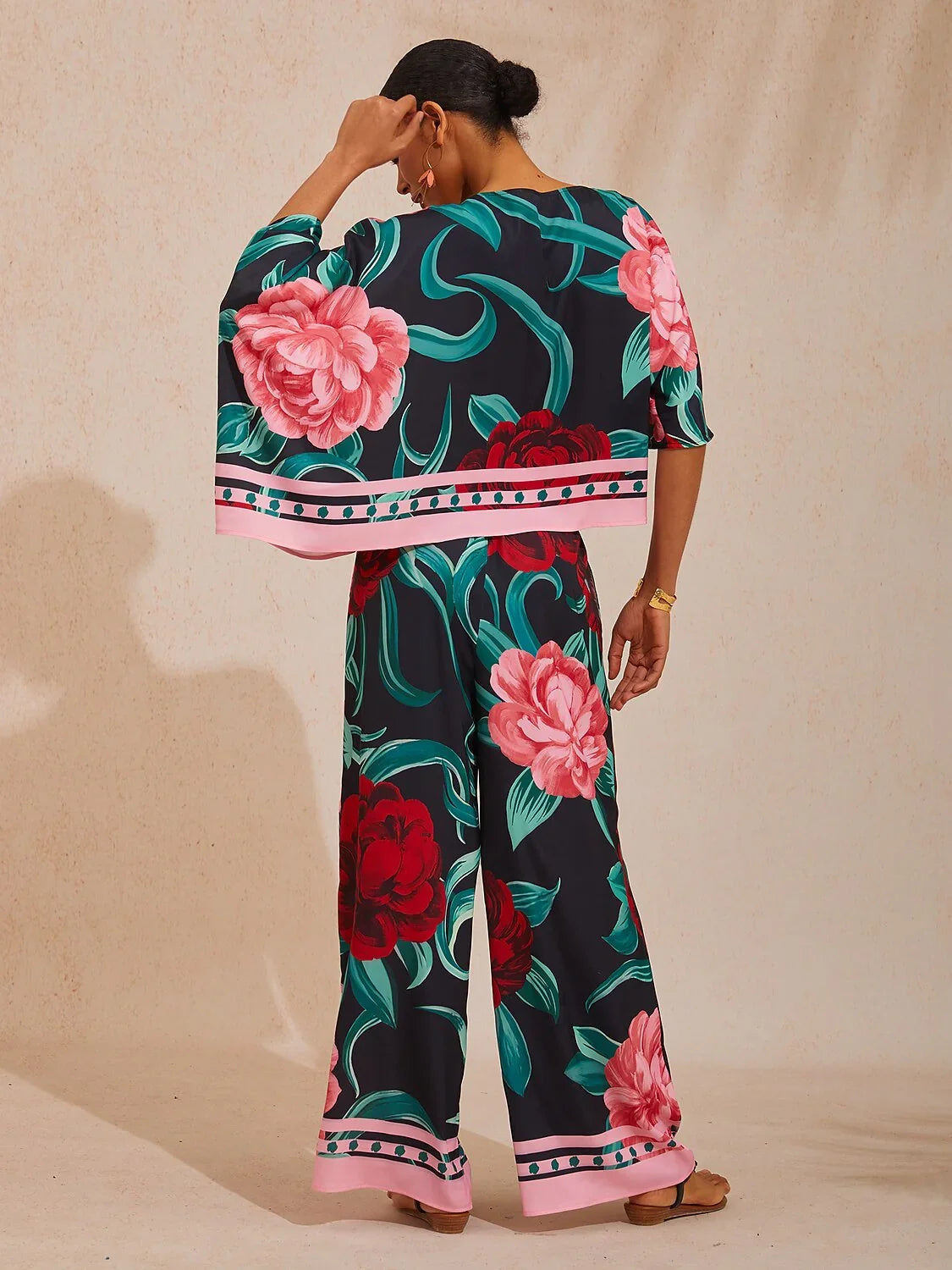 Summer Night Palm Silky Satin Wide Leg Pants