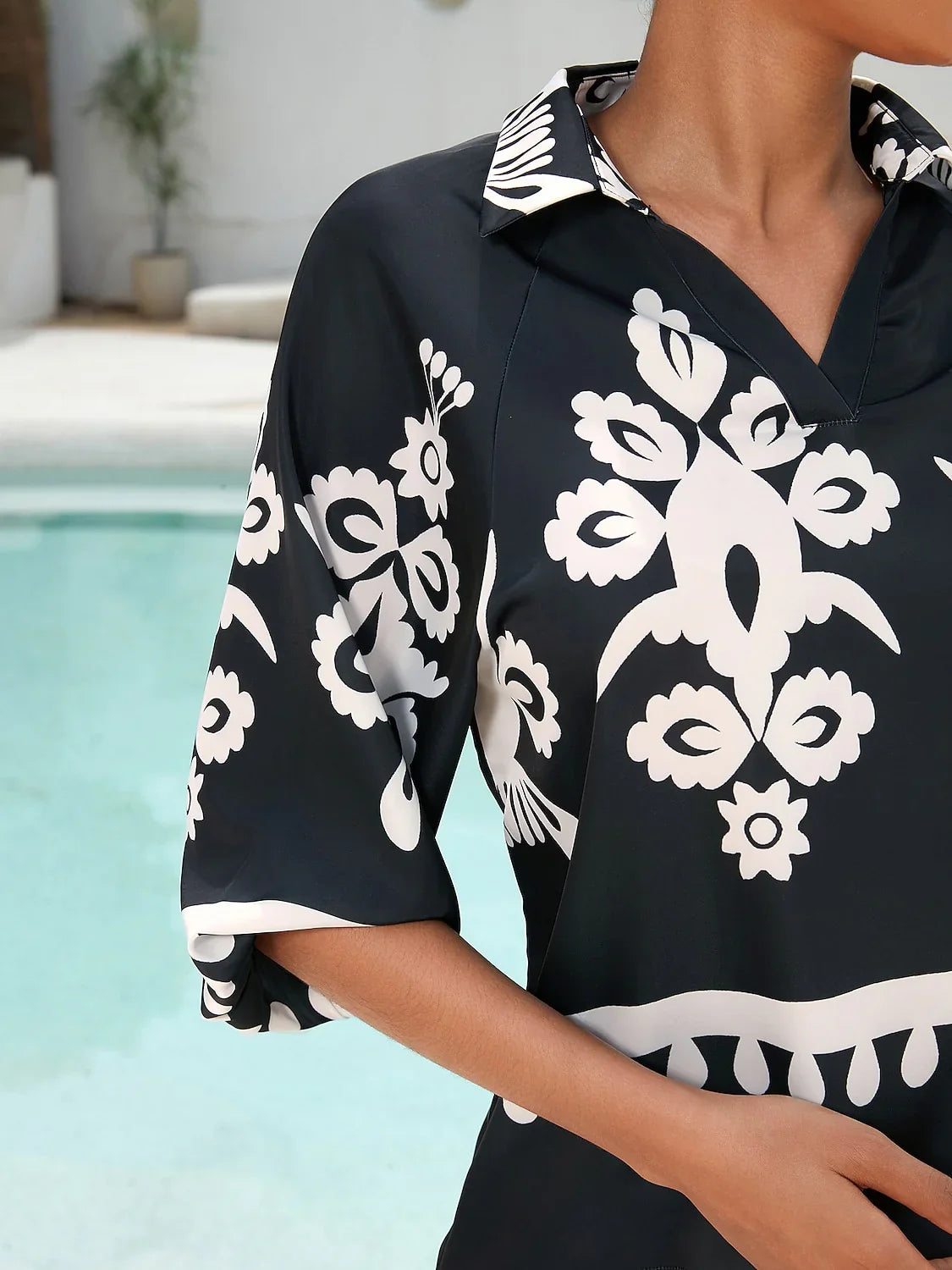 Satin Ethnic Print Raglan Modern Lapel Black Print Top