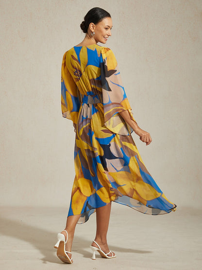 Abstract Floral Print Chiffon Maxi Dress