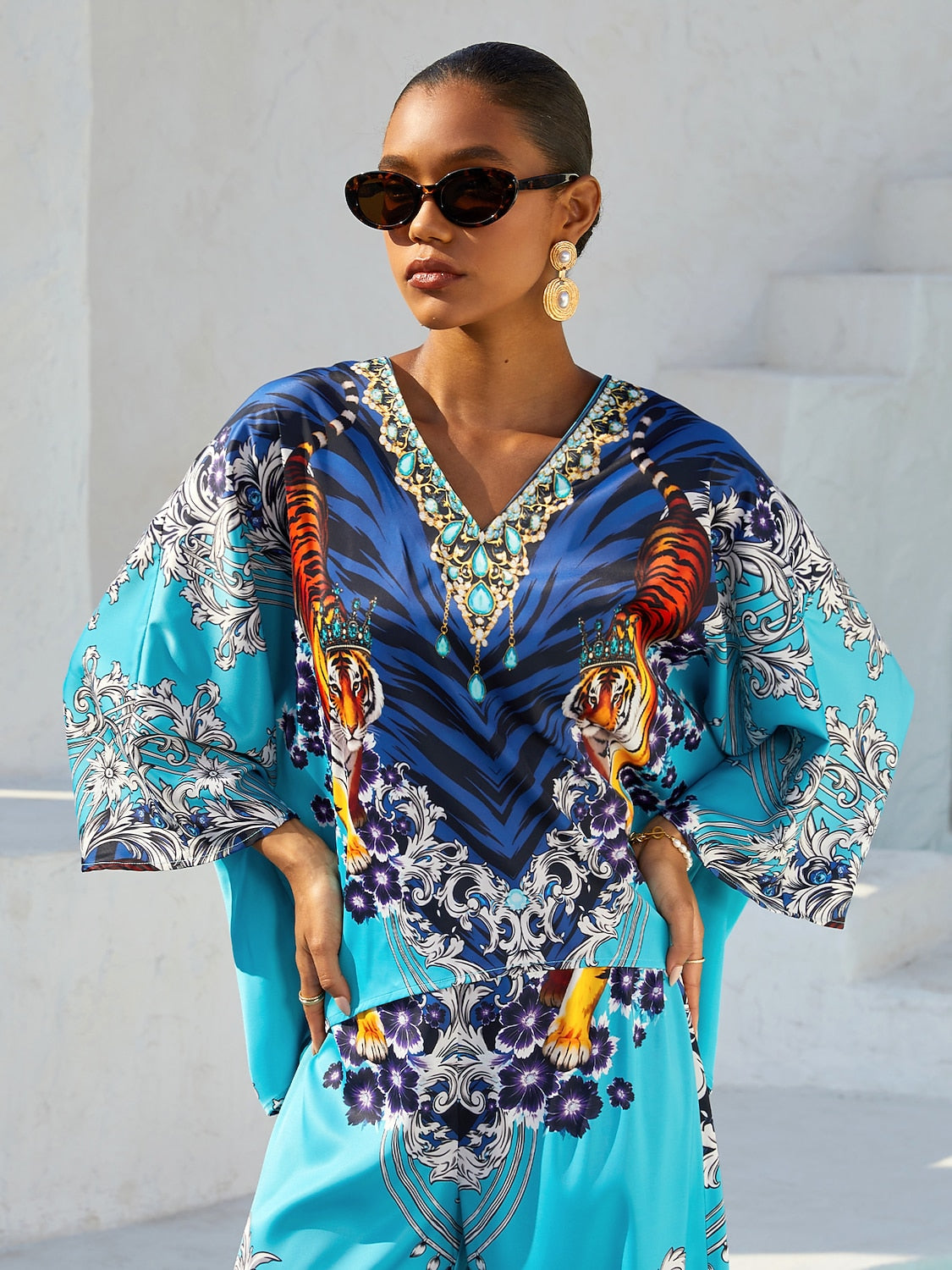Indigo Tigress Silky Satin  Vacation Batwing Top