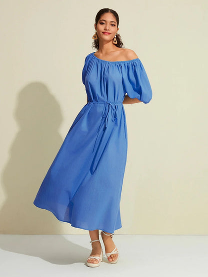 Cotton Resort Loose Fit Off-Shoulder Puff Maxi Dress