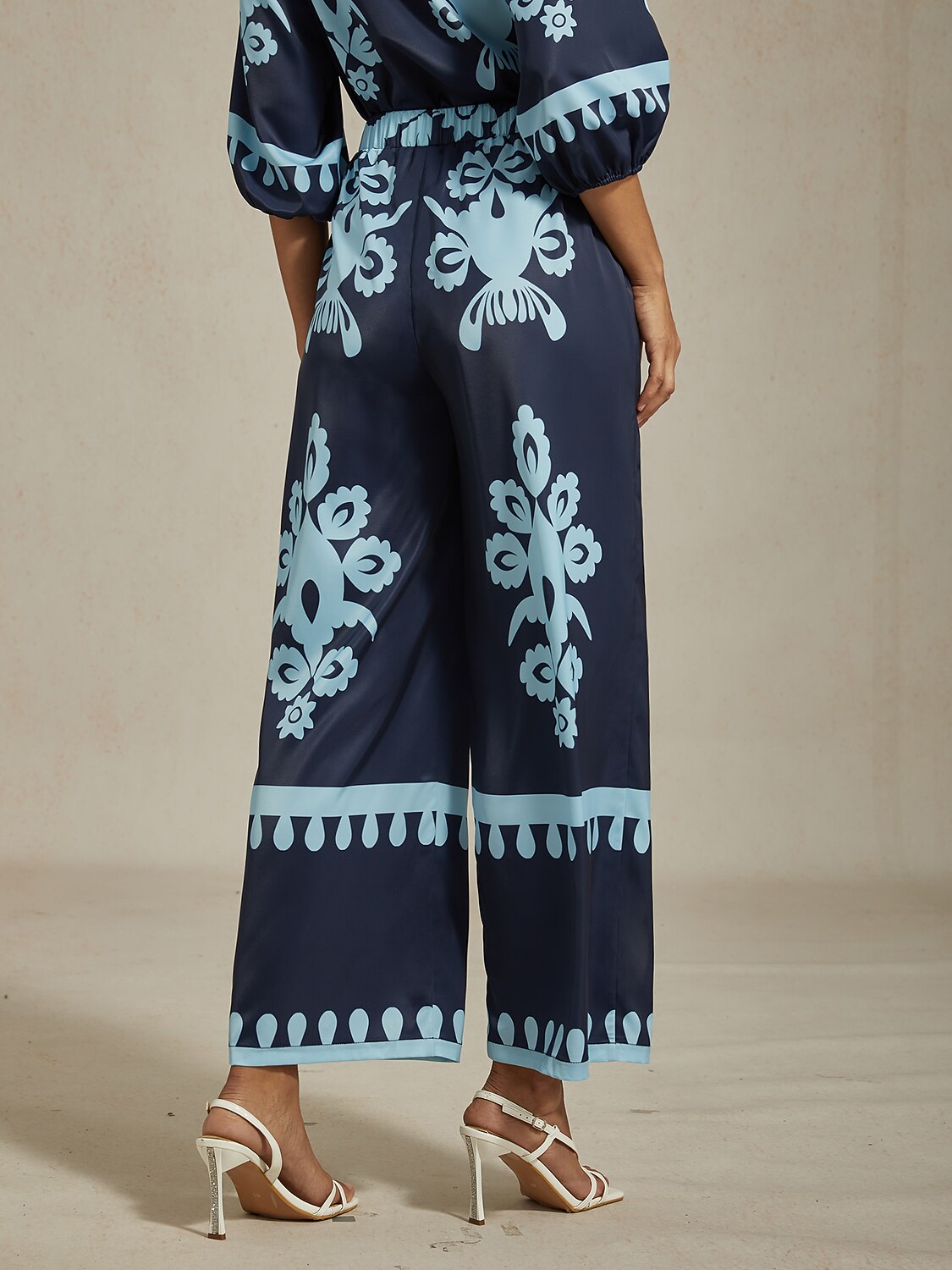 Ethnic Geometric Print Silky Satin Wide Leg Pants
