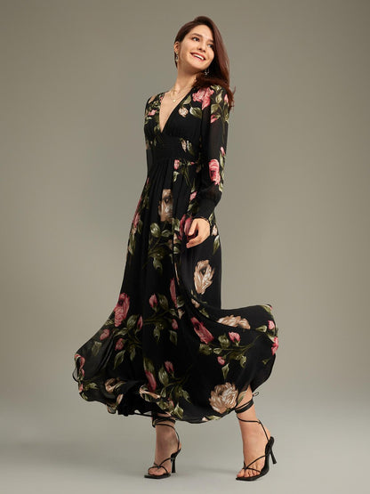 Floral Print Flowy Chiffon Maxi Dress
