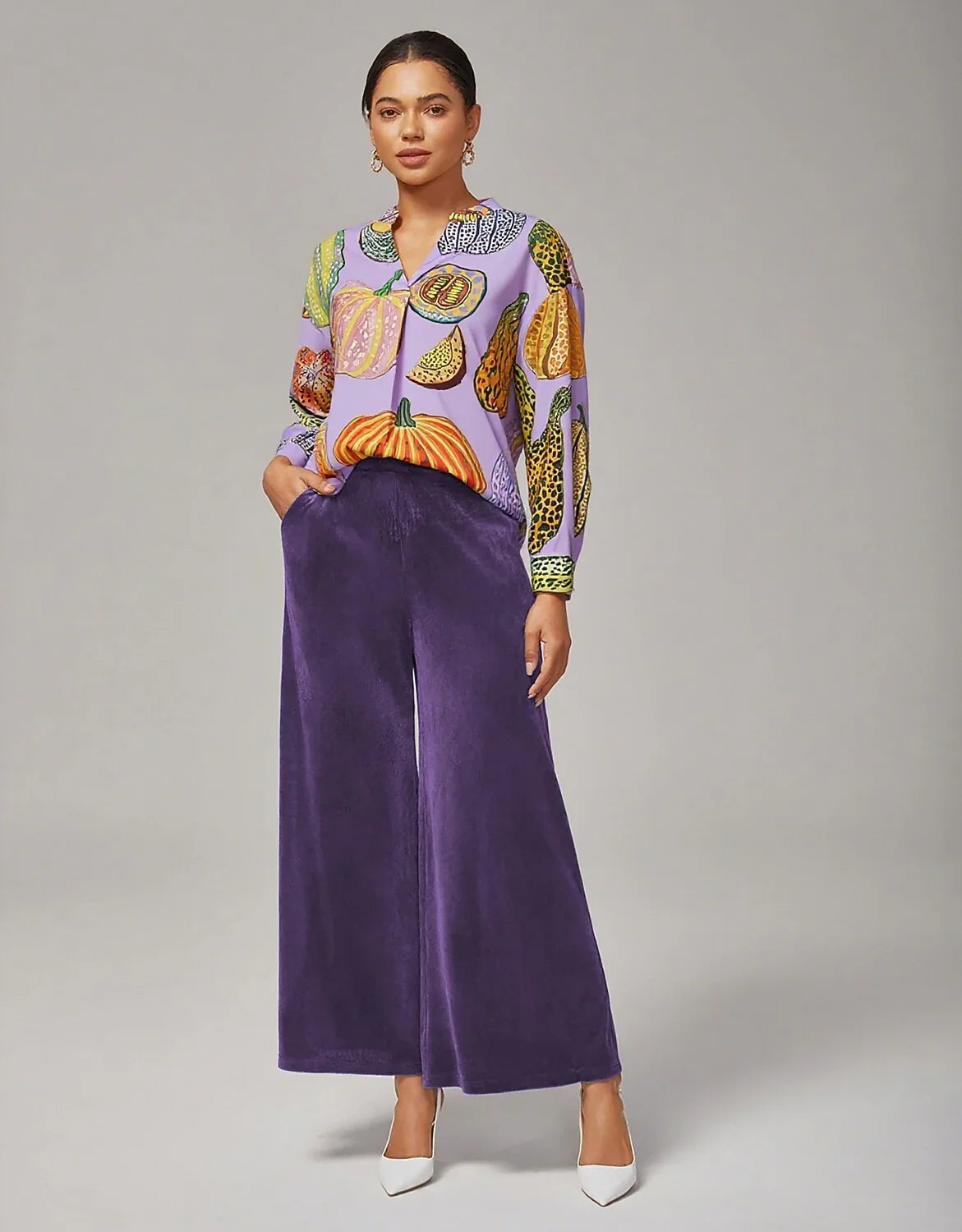 Pumpkin Print Stand Collar Pleated Shirt