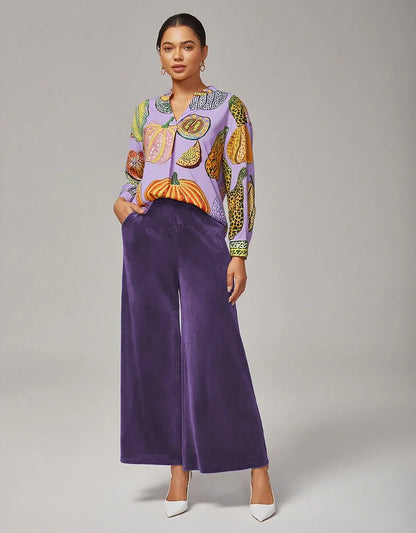 Pumpkin Print Stand Collar Pleated Shirt