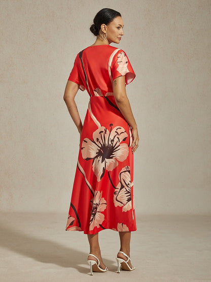 Red Floral Print Silky Satin Maxi Dress