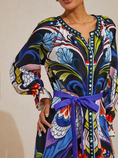 Bird Flower Linen Look Maxi Dress