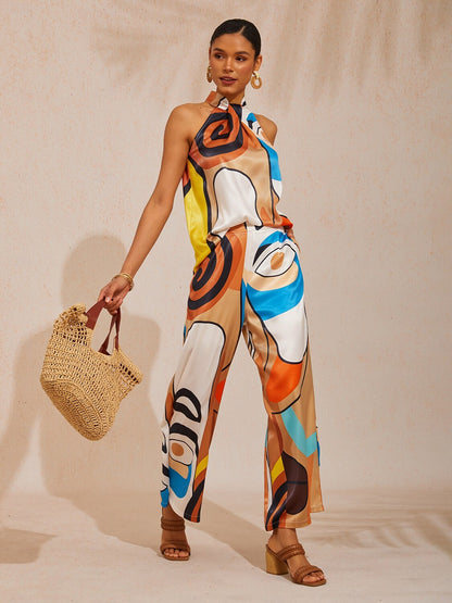 Abstract Art Silky Satin Halter Sleeveless Top