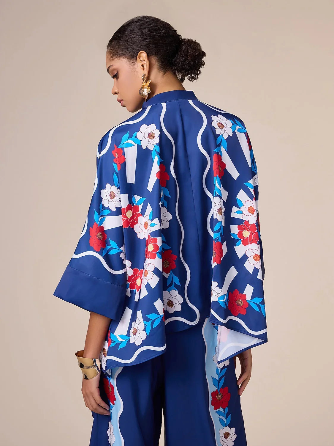Satin Artistic Printing Standing Collar Blouse