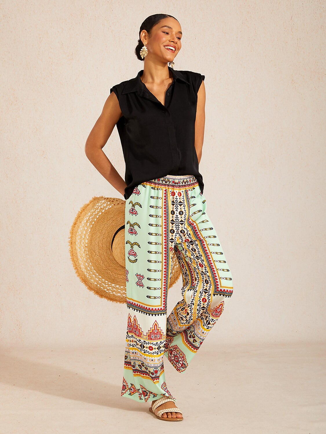 Pantaloni Larghi Vita Elasticizzata Effetto Seta Emerald Empress