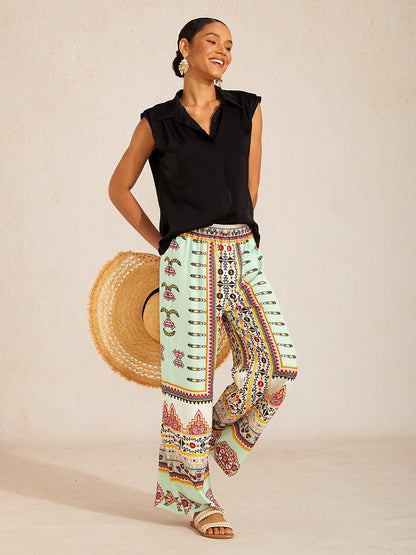 Pantaloni Larghi Vita Elasticizzata Effetto Seta Emerald Empress