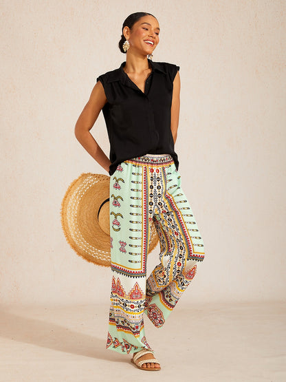 Ethnic Totem Silky Satin Wide-Leg Pants