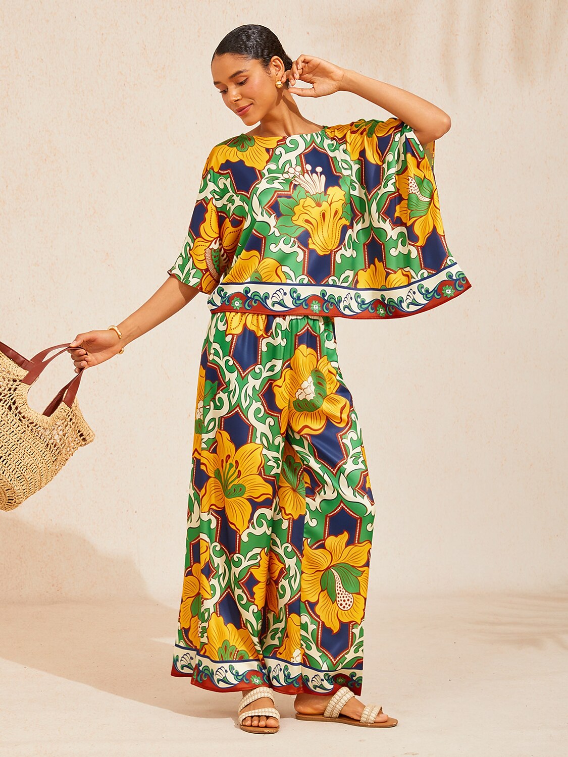 Emerald Bloom Bazaar Silky Satin Batwing Top