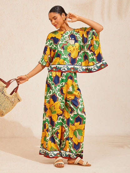 Emerald Bloom Bazaar Silky Satin Batwing Top