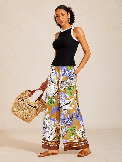 Pastel Floral Garden  Satin Wide Leg Pants