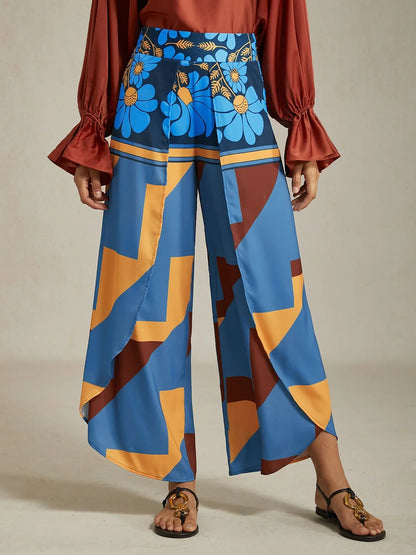 Satin Geometric Print Swing Full Length Micro-Elastic Pants