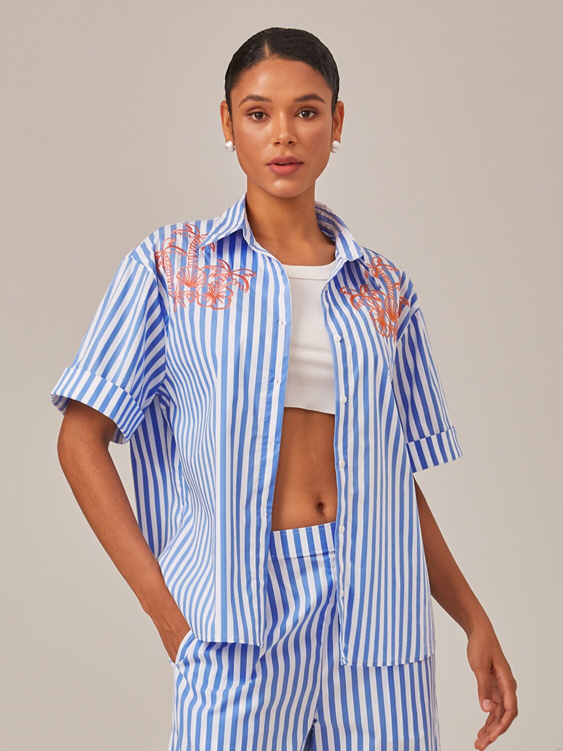 Camisa Oversize de Verano con Bordado y Rayas