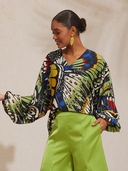 Jungle Butterfly Silky Satin Top